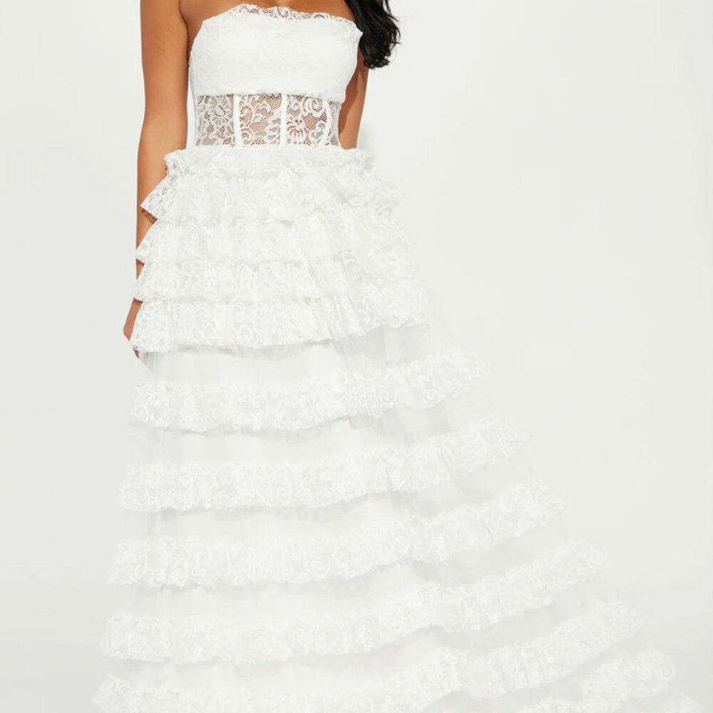 White Lace Maxi Corset Dress With Ruffles